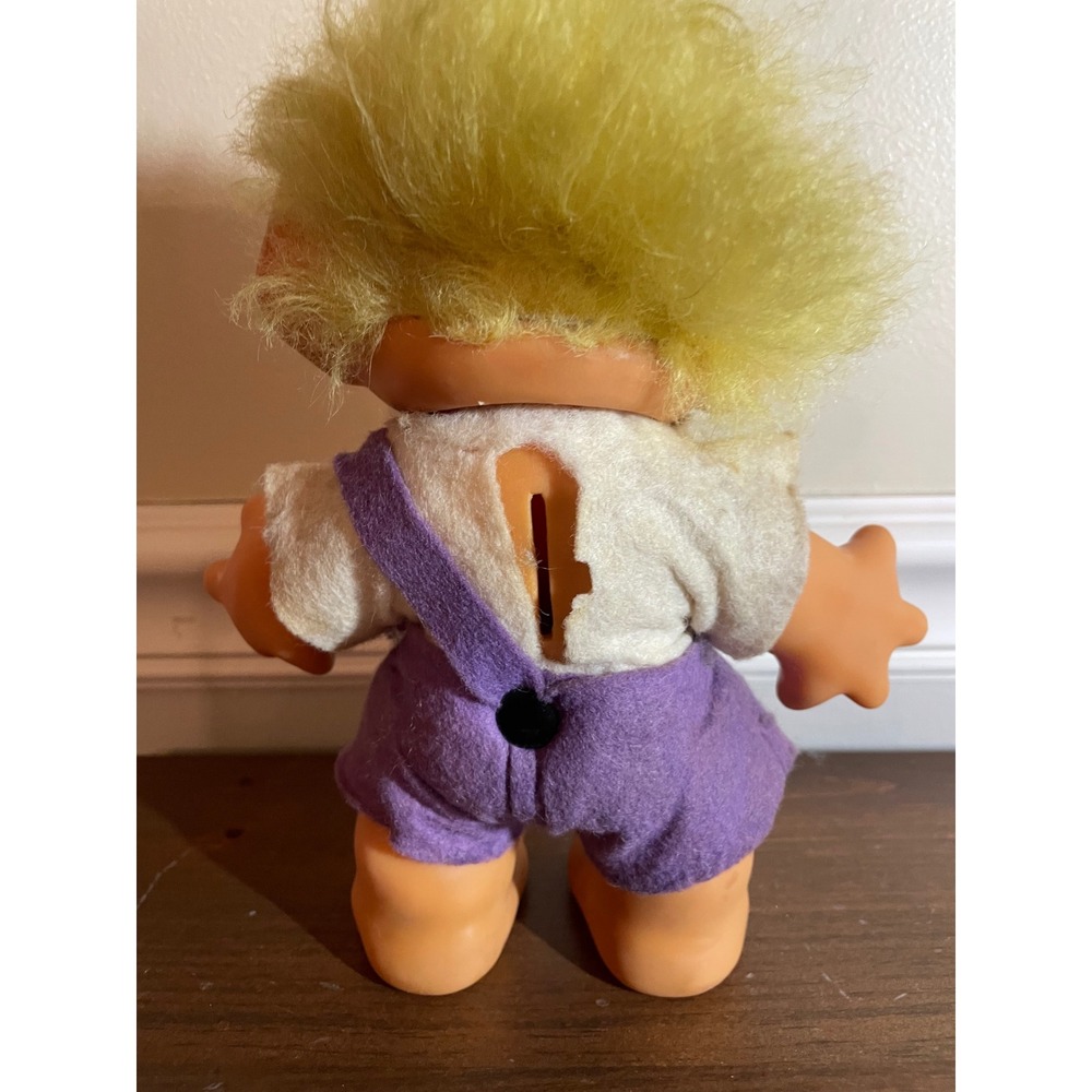 Vintage Troll Doll Yellow Hair Green Eyes Purple Overalls Collectible coin bank - Picture 2 of 10